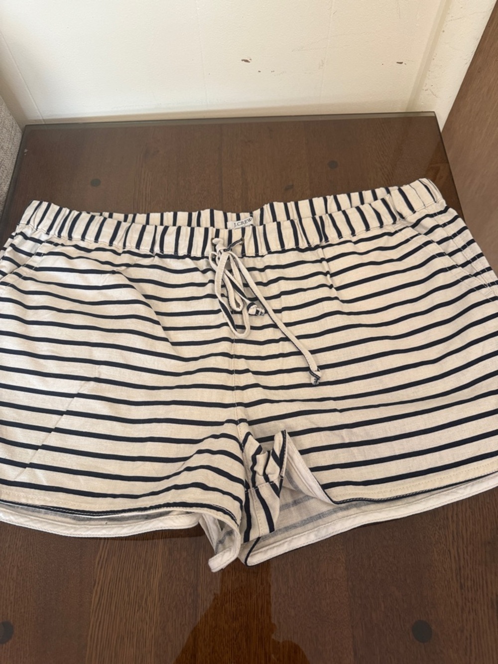 J. Crew off White and Navy Striped Drawstring Athletic Shorts XL. NWOT